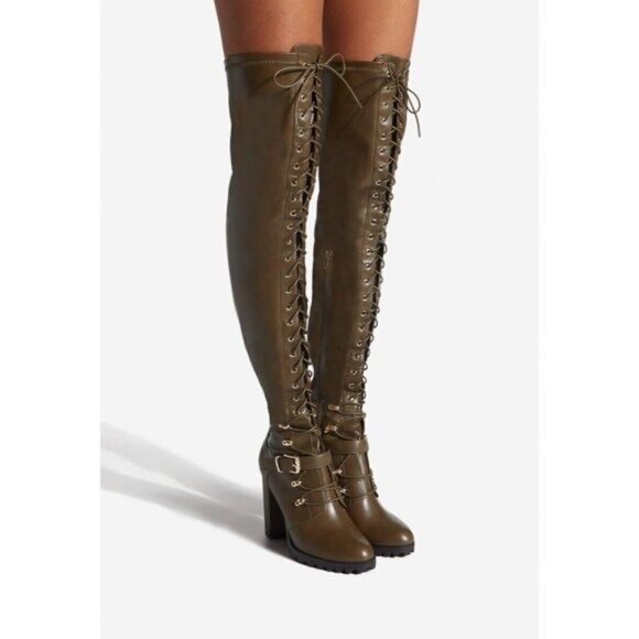 NIB Dark Olive Faux Leather Sexy Casual Lace Up Over The Knee Tall Boots - Picture 1 of 7